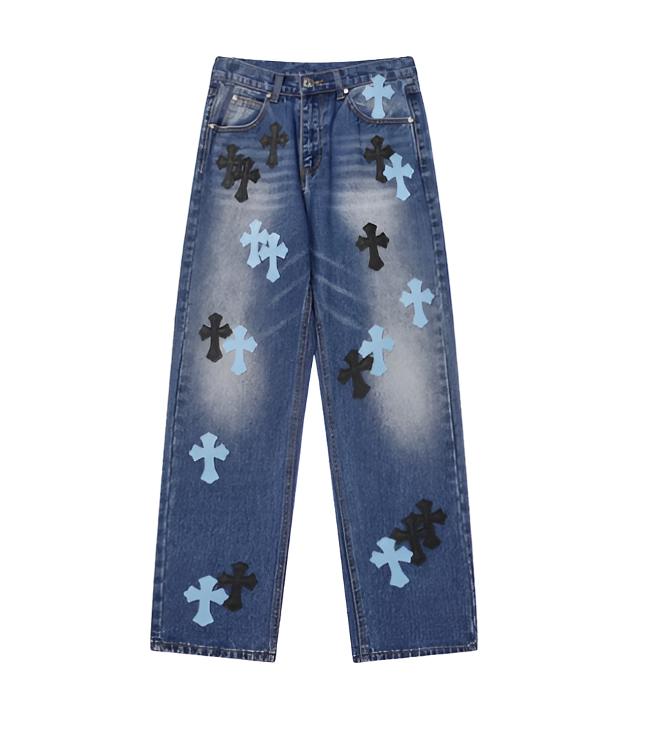 CHROME HEARTS BLUE AND BLACK CROSS PATCH JEANS