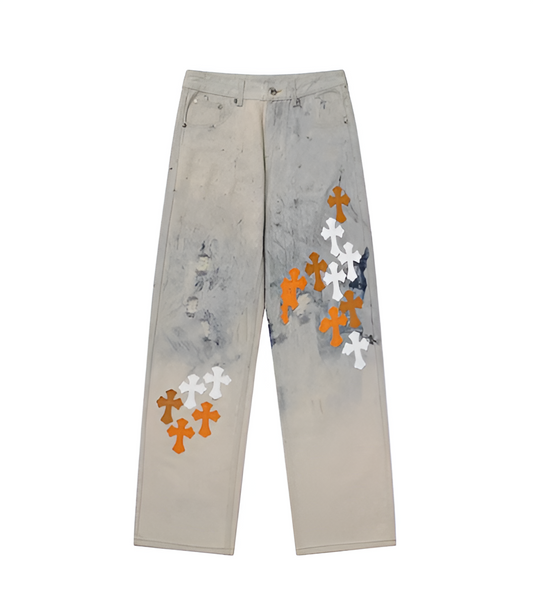 CHROME HEARTS WHITE AND ORANGE CROSS PATCH JEANS