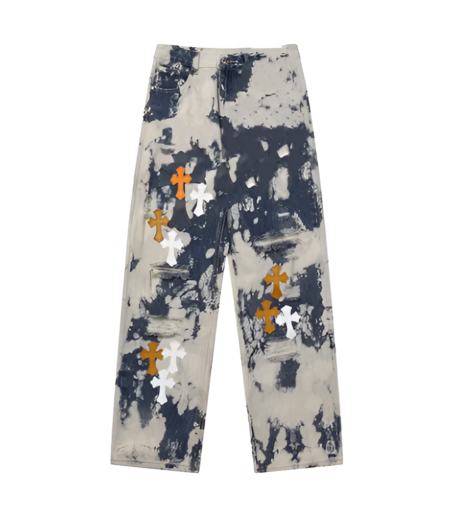 CHROME HEARTS TIE DYE WHITE AND ORANGE CROSS PATCH JEANS