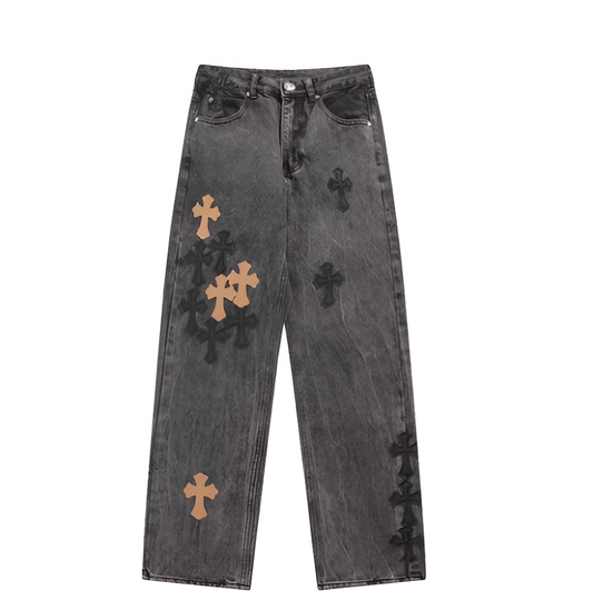 CHROME HEARTS BLACK AND BEIGE CROSS PATCH JEANS